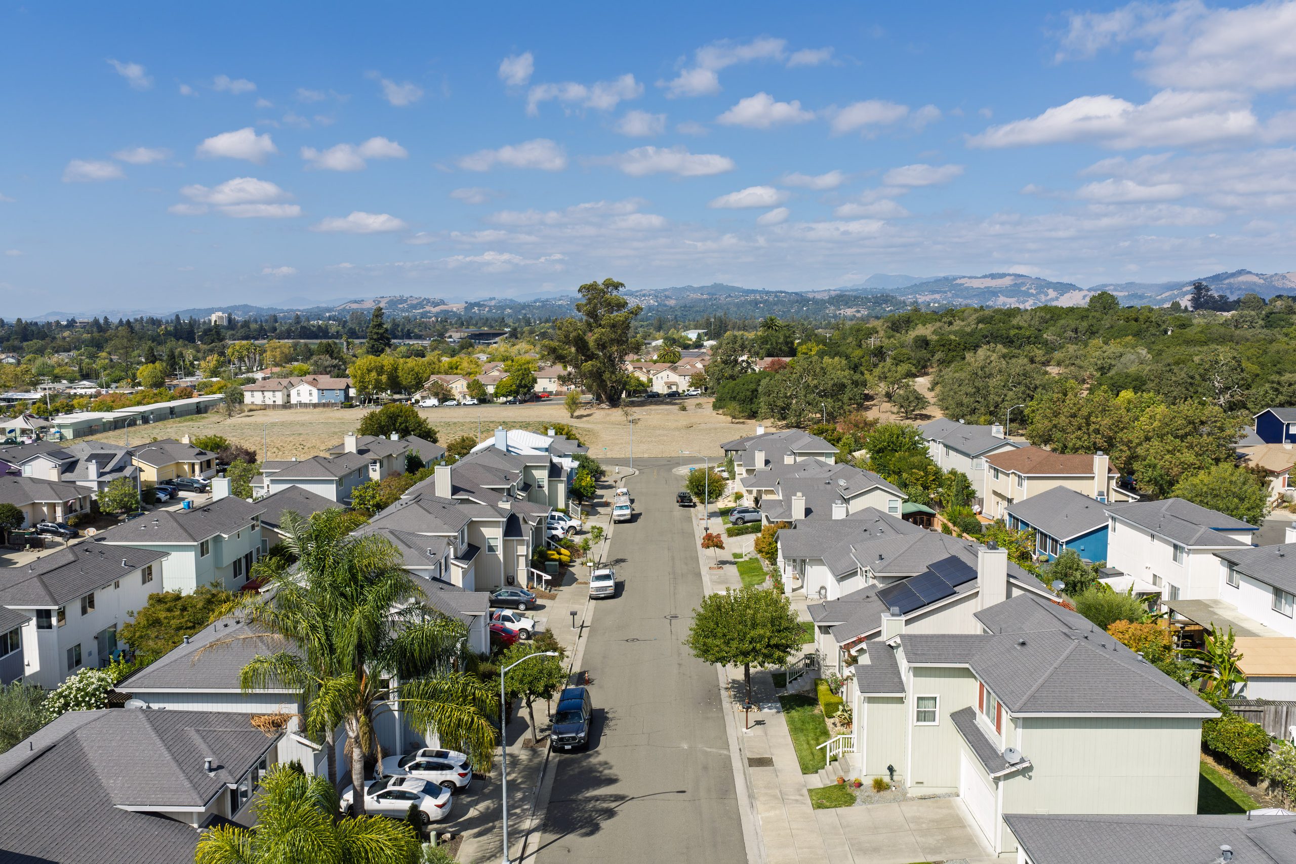 Aerial view down the street
