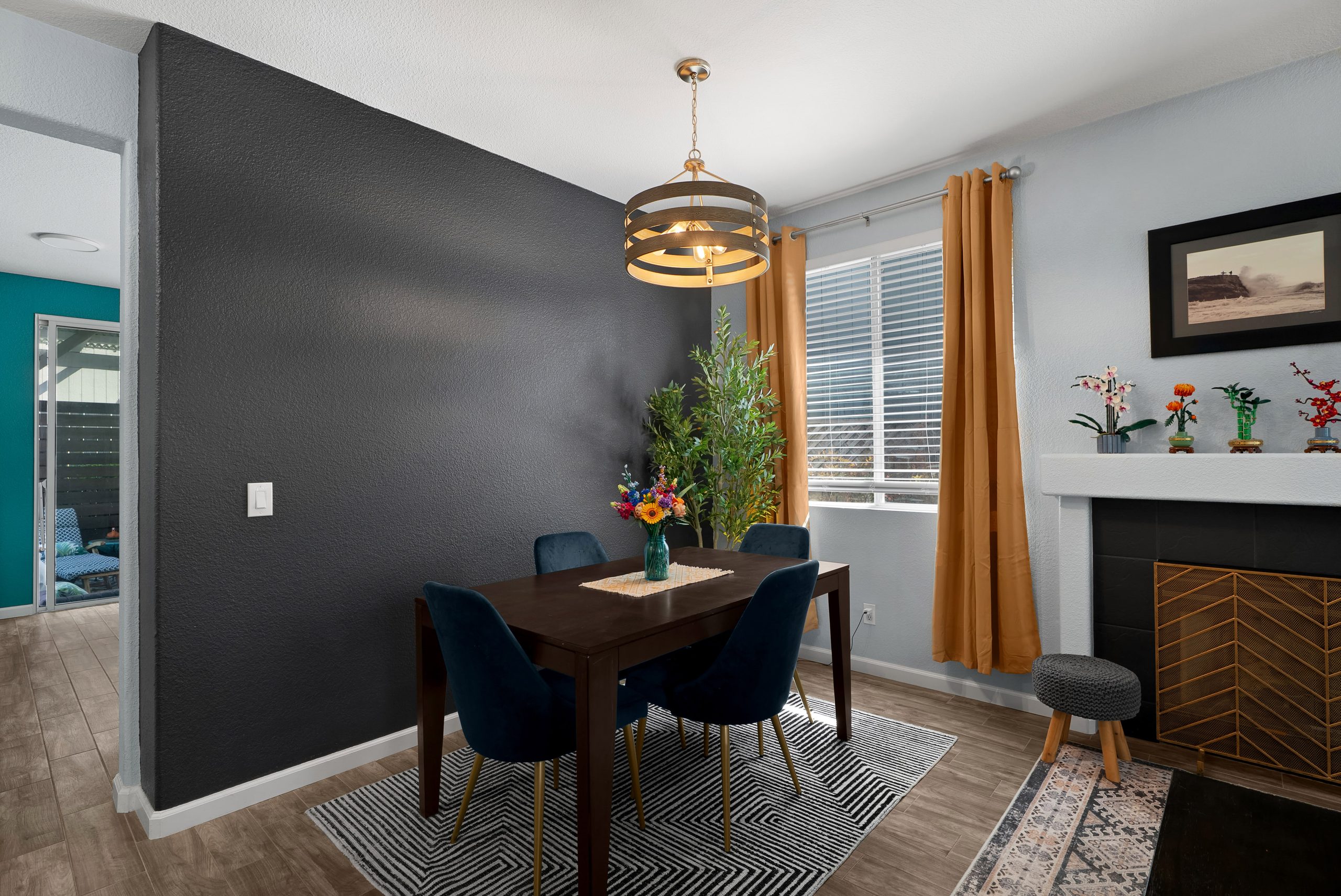 Dining area beside the fireplace